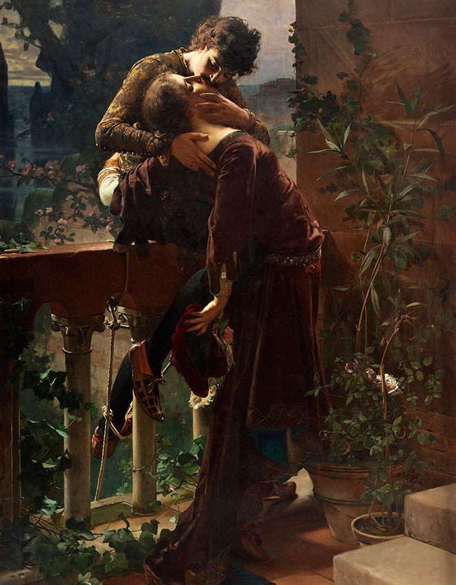 Roméo et Juliette au balcon, peinture de Julius Kronberg, 1886. Photo de Bukowskis