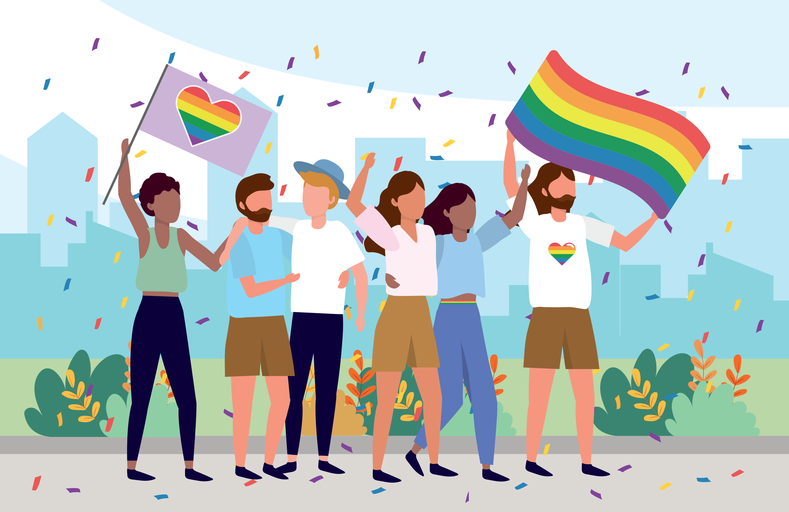 A cartoon of people celebrating pride with rainbow flags.