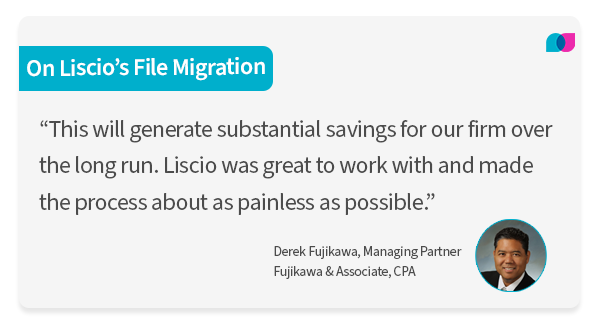 Image shows Derek Fujikawa, client experience expert, describing Liscio's file migration service. 