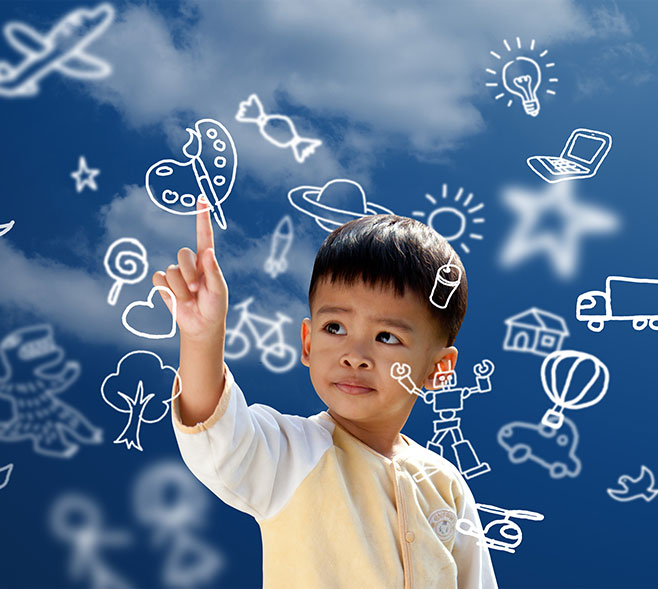 Child of Approximately 4 years old pointing to illustrations in the sky